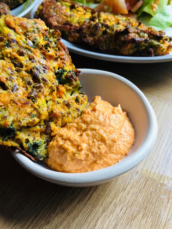 Easy Healthy Broccoli Fritters With Vegan Spiced 'Cheddar' Dip
