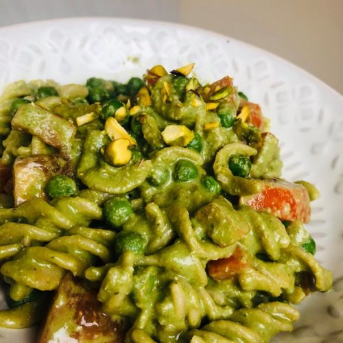 This Easy Healthy Vegan Pesto Pasta is a delicious quick and easy summer recipe! It can be served as a main dish or side dish, and you can enjoy it warm or cold!