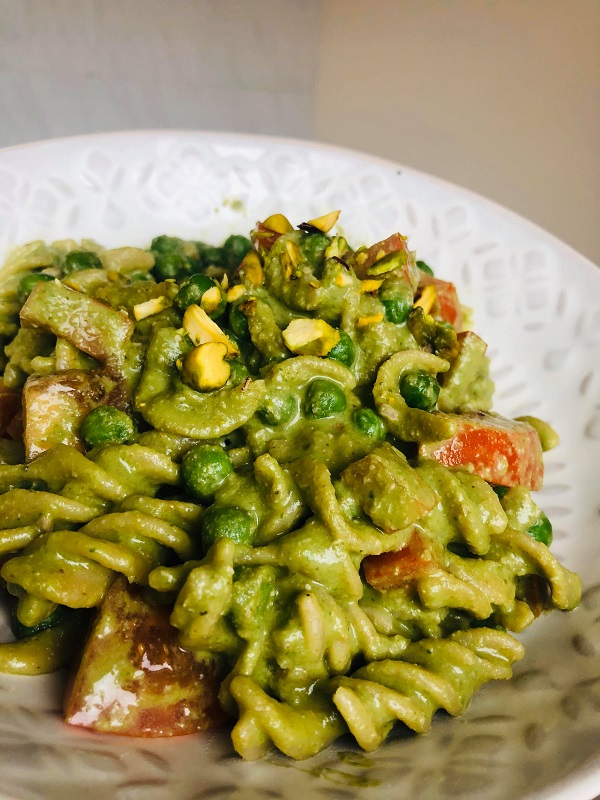 This Easy Healthy Vegan Pesto Pasta is a delicious quick and easy summer recipe! It can be served as a main dish or side dish, and you can enjoy it warm or cold!